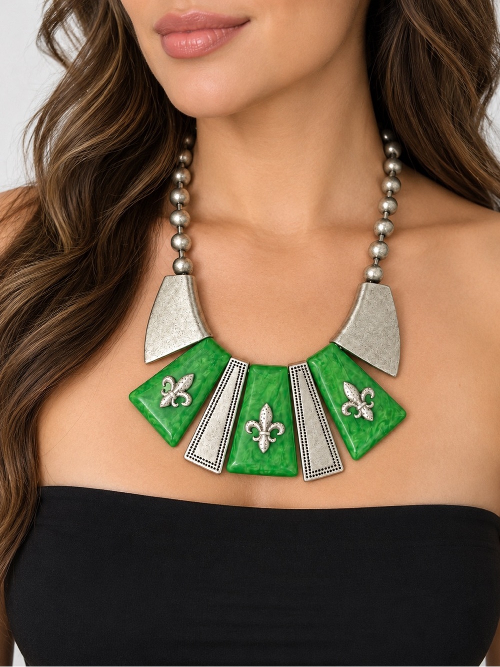 Vintage Heavyweight Green Fleur-de-Lis Statement Necklace Silver Tone Geometric